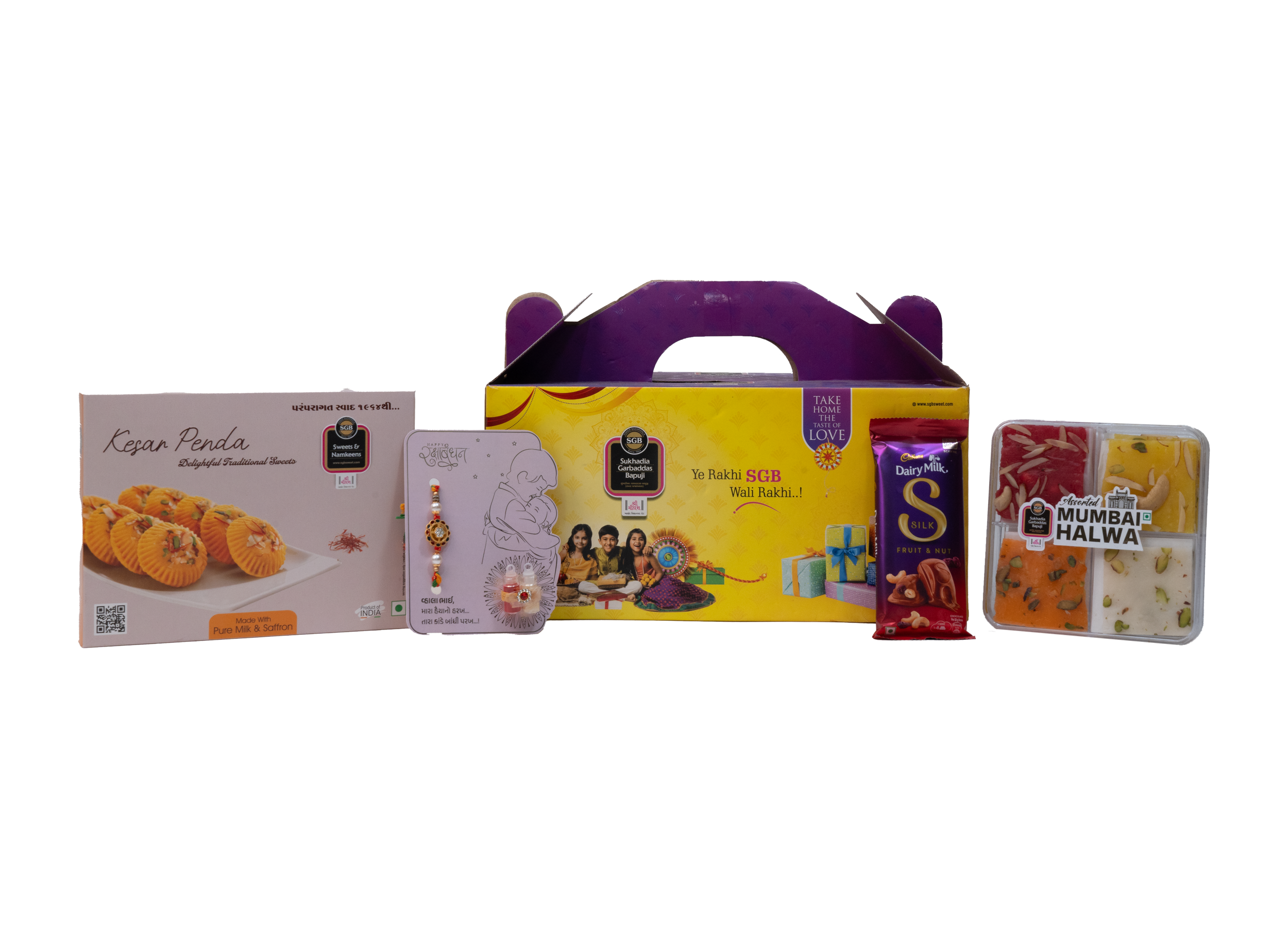 Deluxe Rakhi Hamper – Assorted Mumbai Halvo (250g) + Rajwadi Kesar Peda (250g) + Chocolate + Rakhi Card