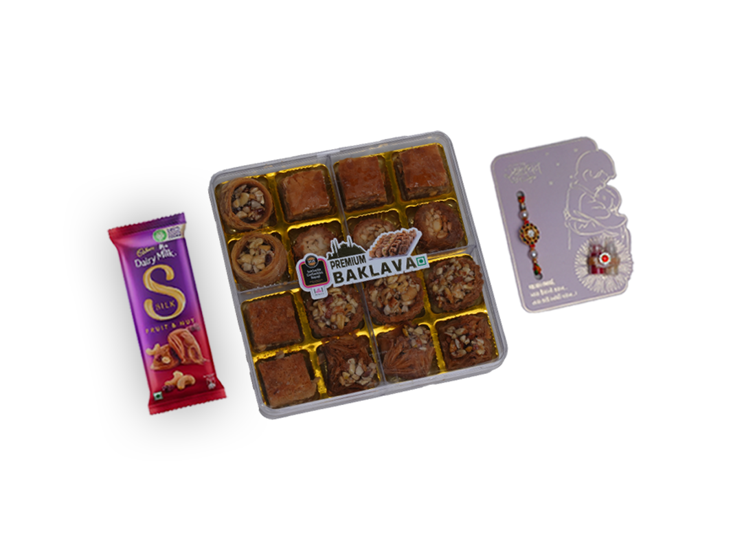 Baklava Rakhi Hamper – 16-Piece (350g) Premium Gift Box with Chocolate & Rakhi Card