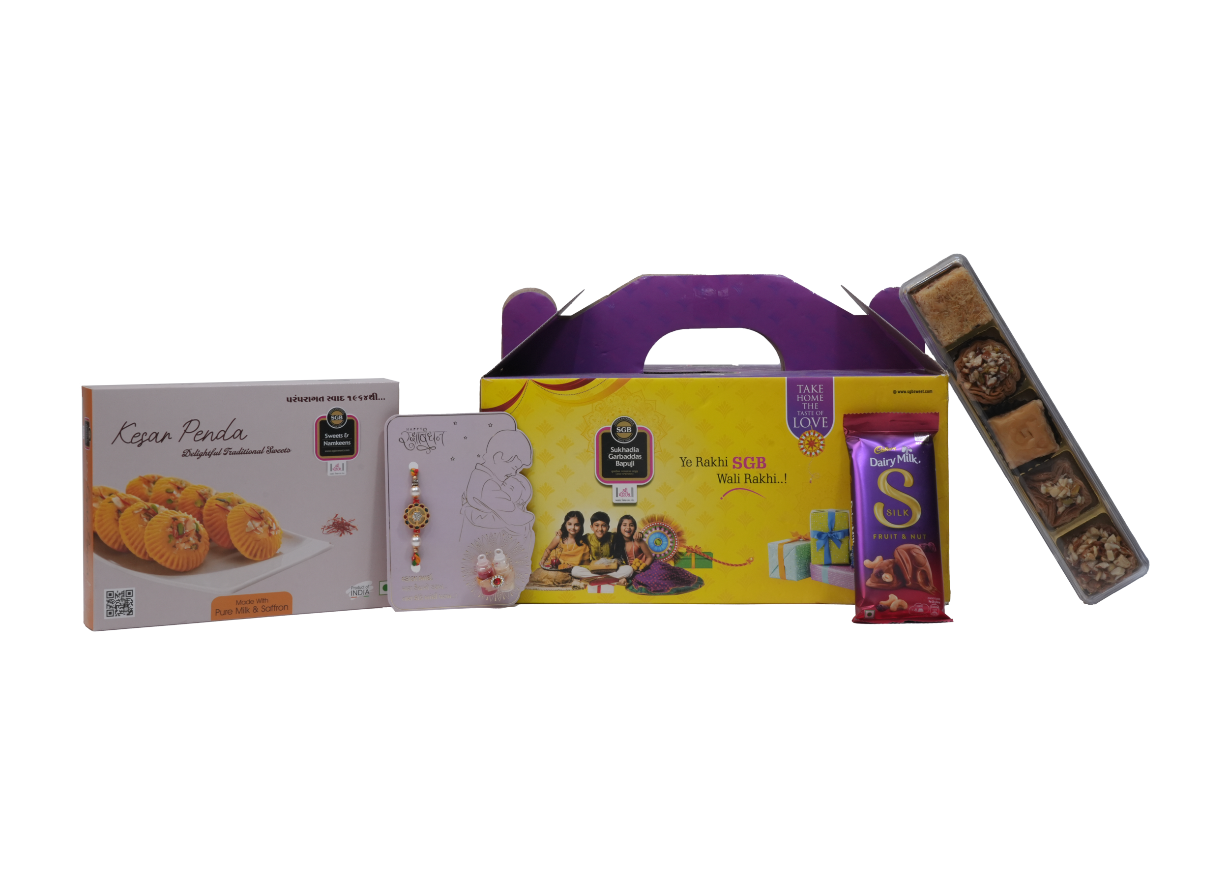 Fusion Rakhi Gift Hamper – Baklawa (5 pcs) & Kesar Peda (250g) with Chocolate & Rakhi Card