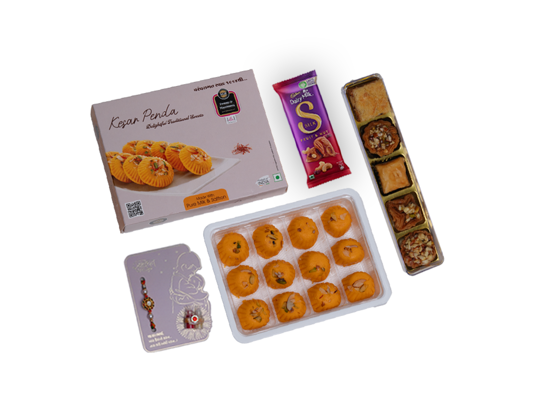 Fusion Rakhi Gift Hamper – Baklawa (5 pcs) & Kesar Peda (250g) with Chocolate & Rakhi Card