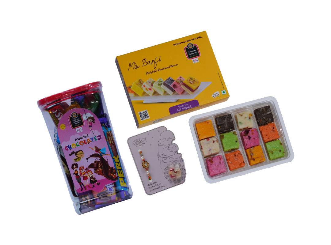 Rakhi Sweet Gift – Chocolate Jar & Mix Barfi (250g) with Rakhi Card