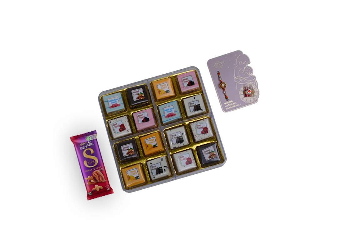Modern Rakhi Hamper – 16-Piece Crunch Bites (300g) with Chocolate & Rakhi Card