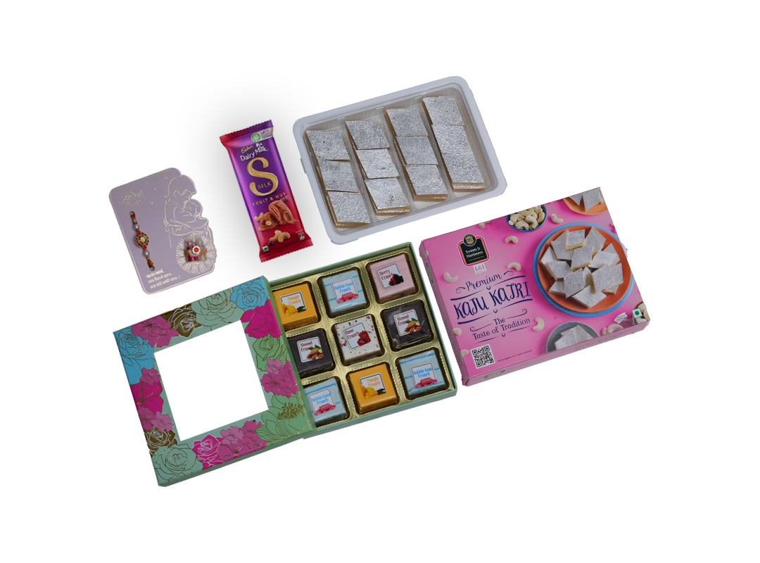 Luxury Rakhi Gift Hamper – Crunch Bites (9 pcs) & Kaju Katri (250g) with Chocolate & Rakhi Card
