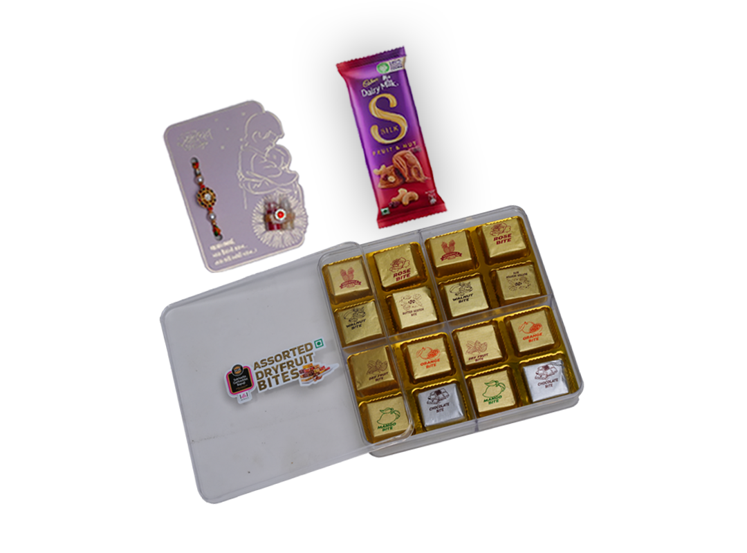 Dry Fruit Bites Rakhi Hamper – 16-Piece Acrylic Box with Chocolate & Rakhi Card