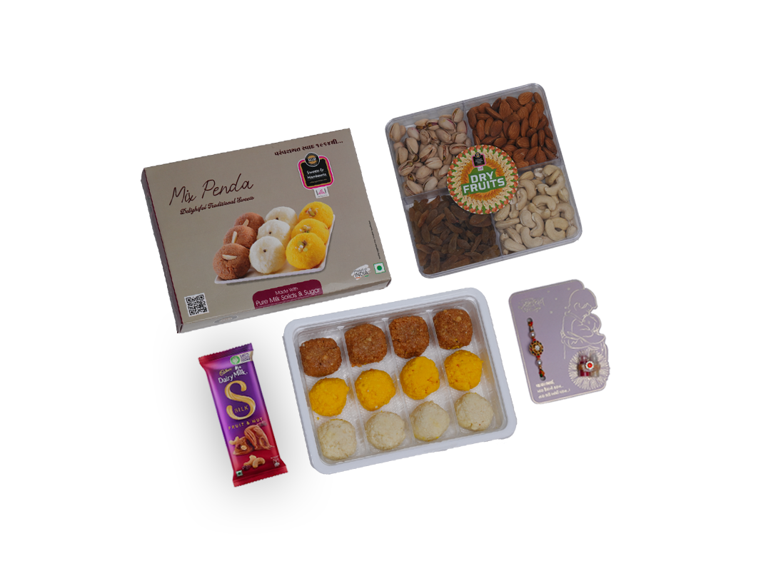 Premium Rakhi Gift Box – Dry Fruits (400g) & Mix Peda (250g) with Chocolate & Rakhi Card