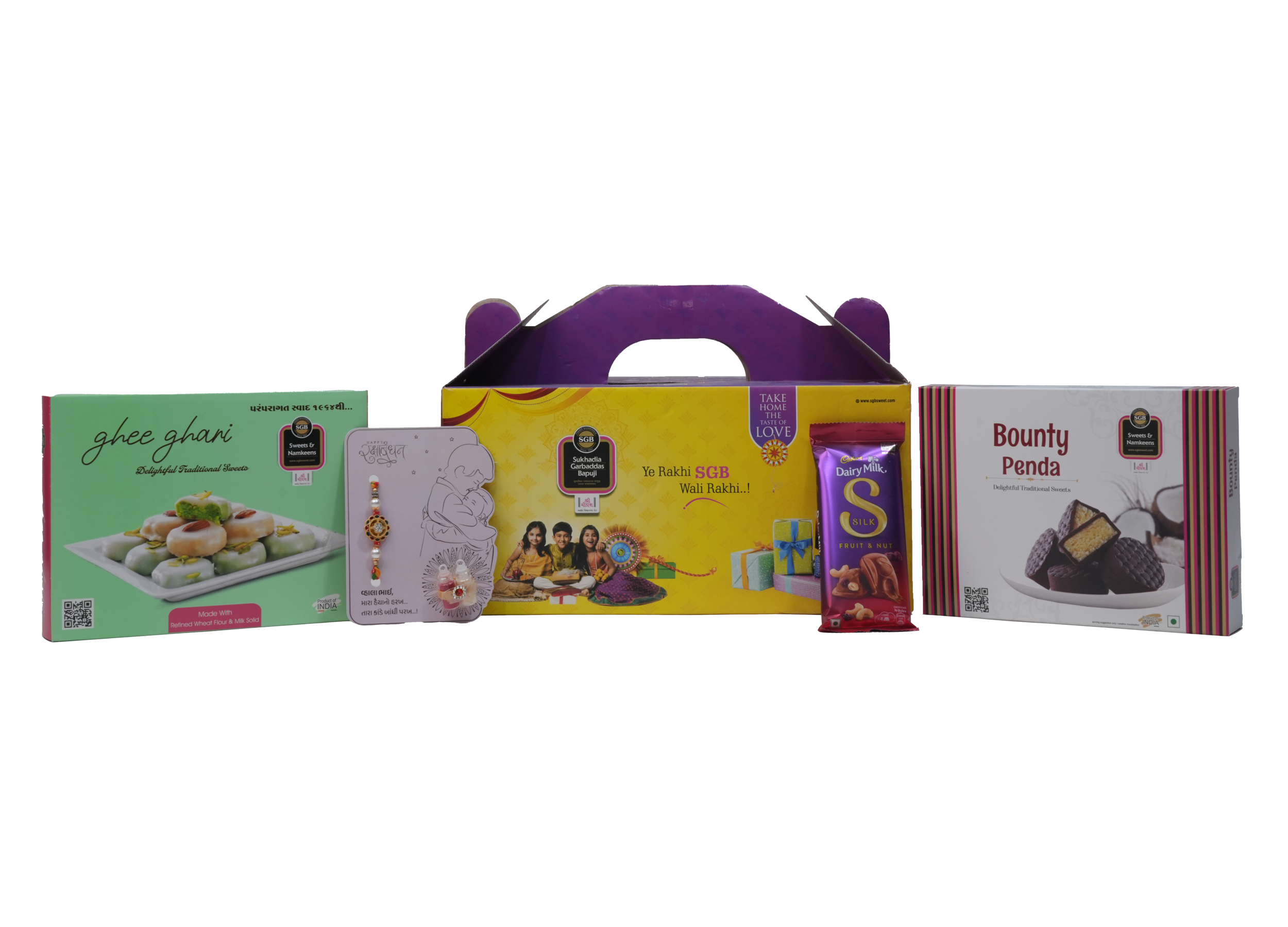 Festive Rakhi Hamper – Ghee Ghari (250g) & Bounty Peda (250g) with Chocolate & Rakhi Card