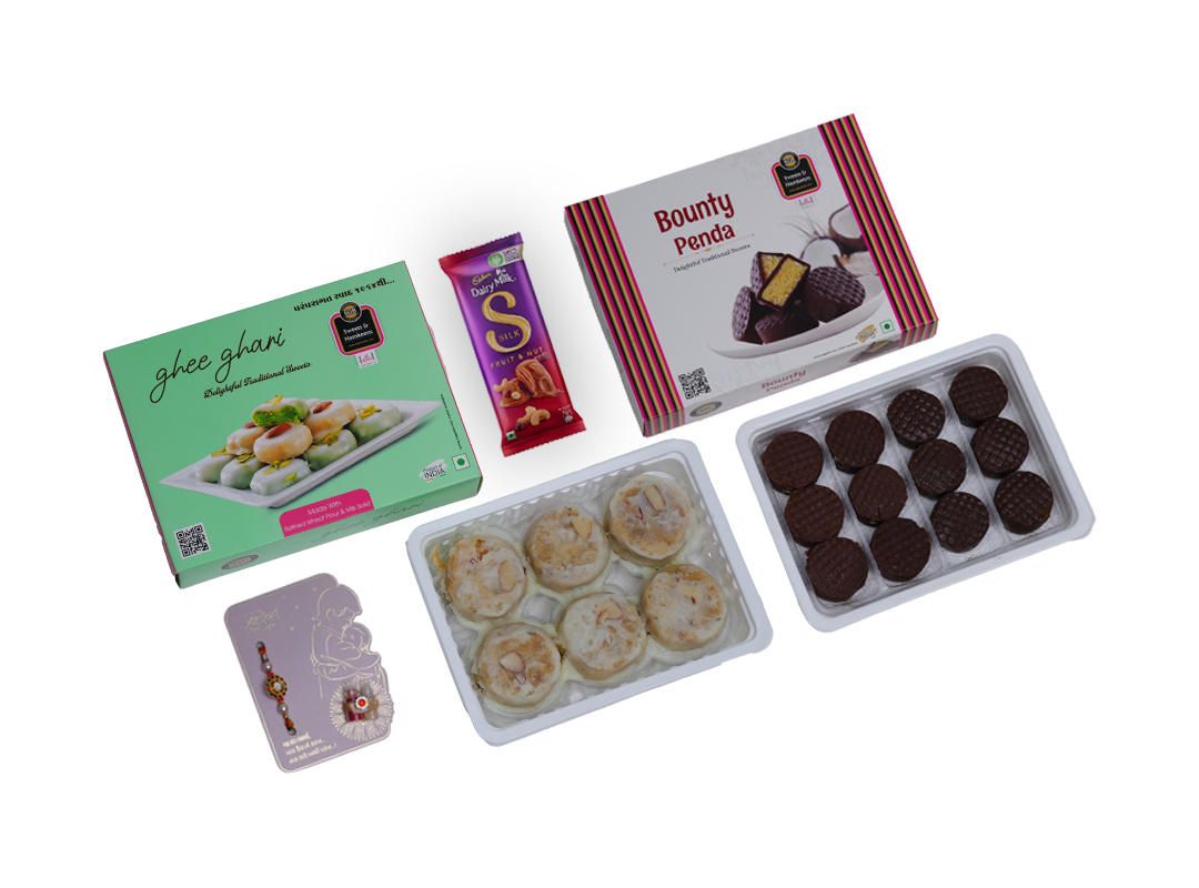 Festive Rakhi Hamper – Ghee Ghari (250g) & Bounty Peda (250g) with Chocolate & Rakhi Card