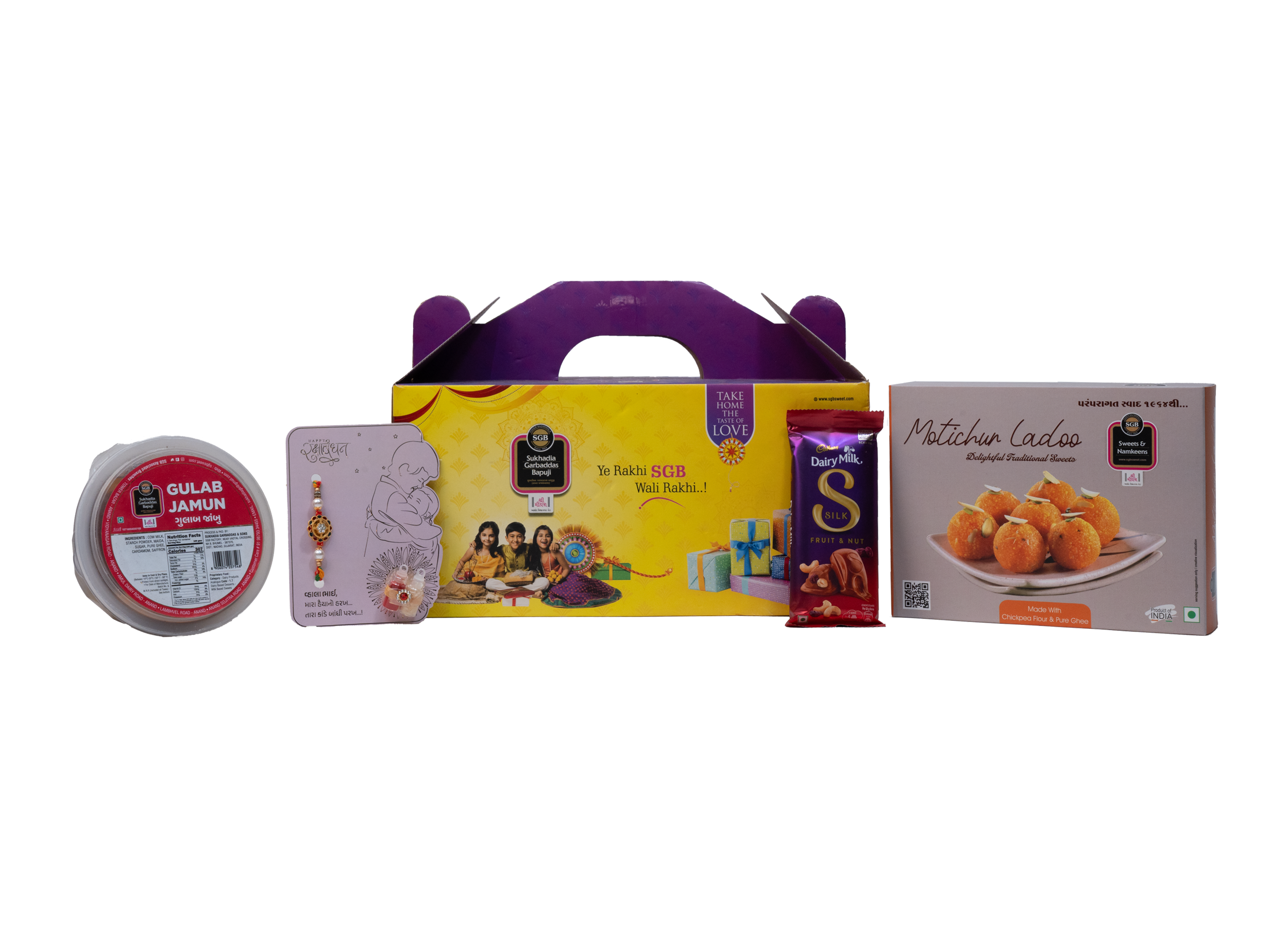 Classic Rakhi Sweets Hamper – Gulab Jamun (500g) & Ghee Motichur Laddu (250g) with Chocolate & Rakhi Card