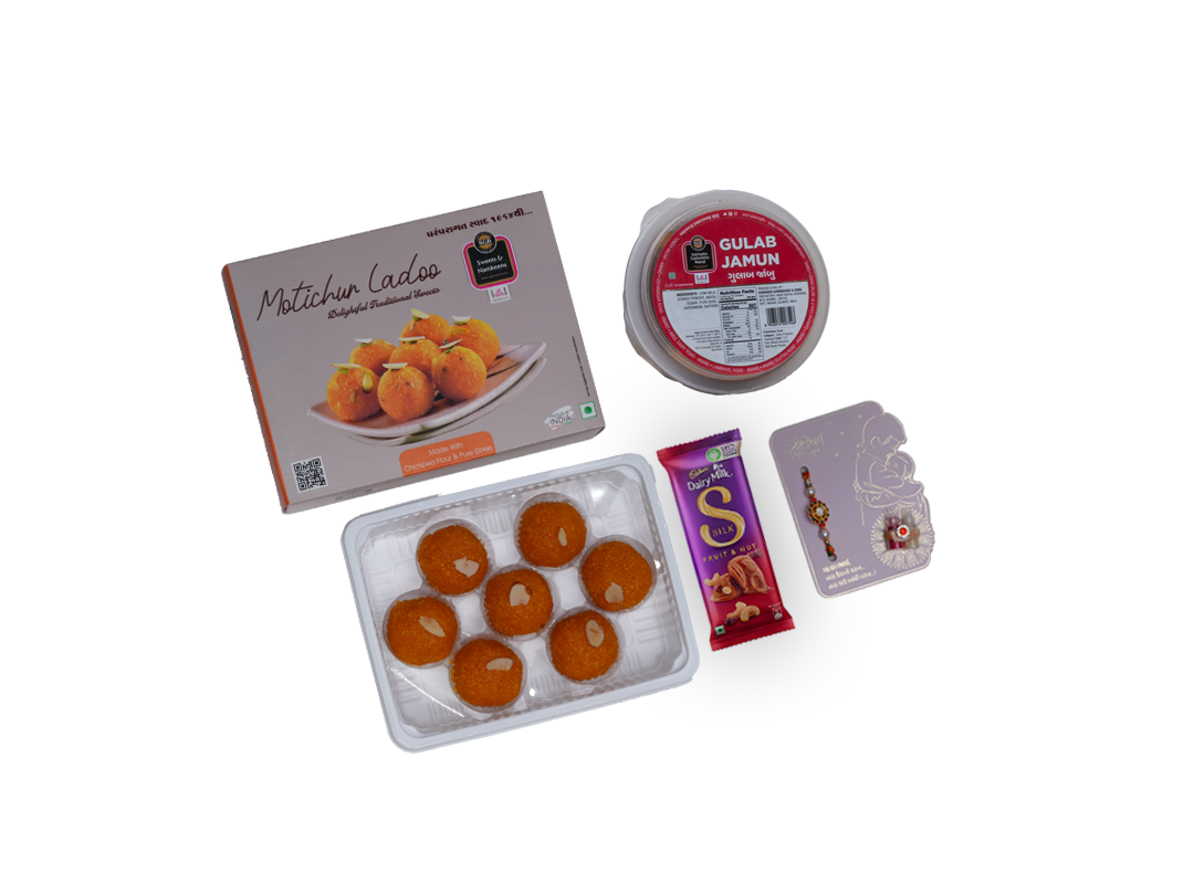 Classic Rakhi Sweets Hamper – Gulab Jamun (500g) & Ghee Motichur Laddu (250g) with Chocolate & Rakhi Card