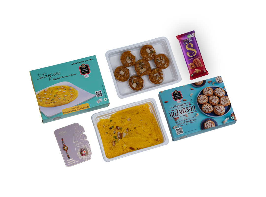 Traditional Rakhi Hamper – Halvason (250g) + Sutarfeni (250g) + Chocolate + Rakhi Card