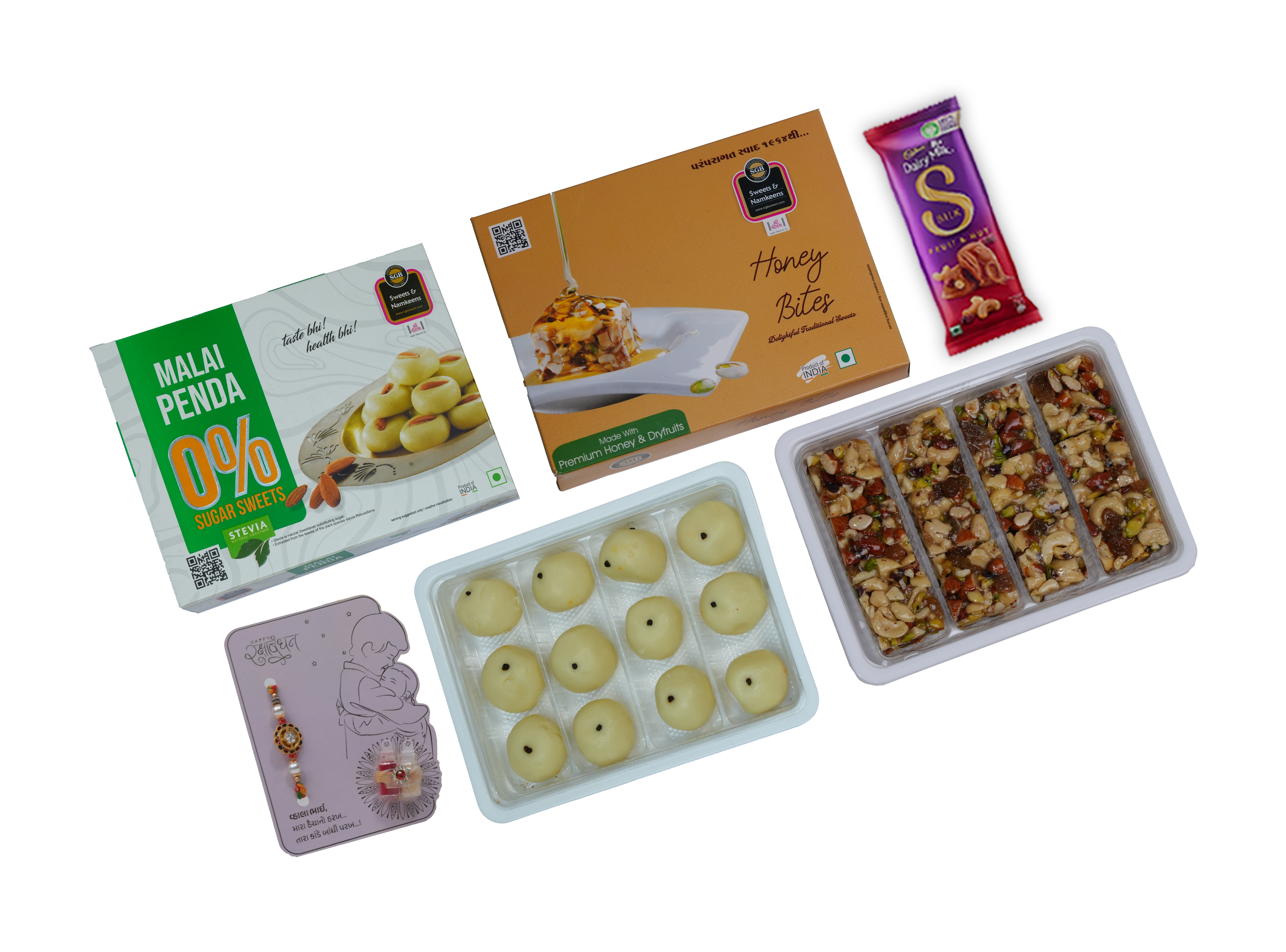 Healthy Rakhi Gift – Honey Bites (250g) & Sugar-Free Malai Peda with Chocolate & Rakhi Card