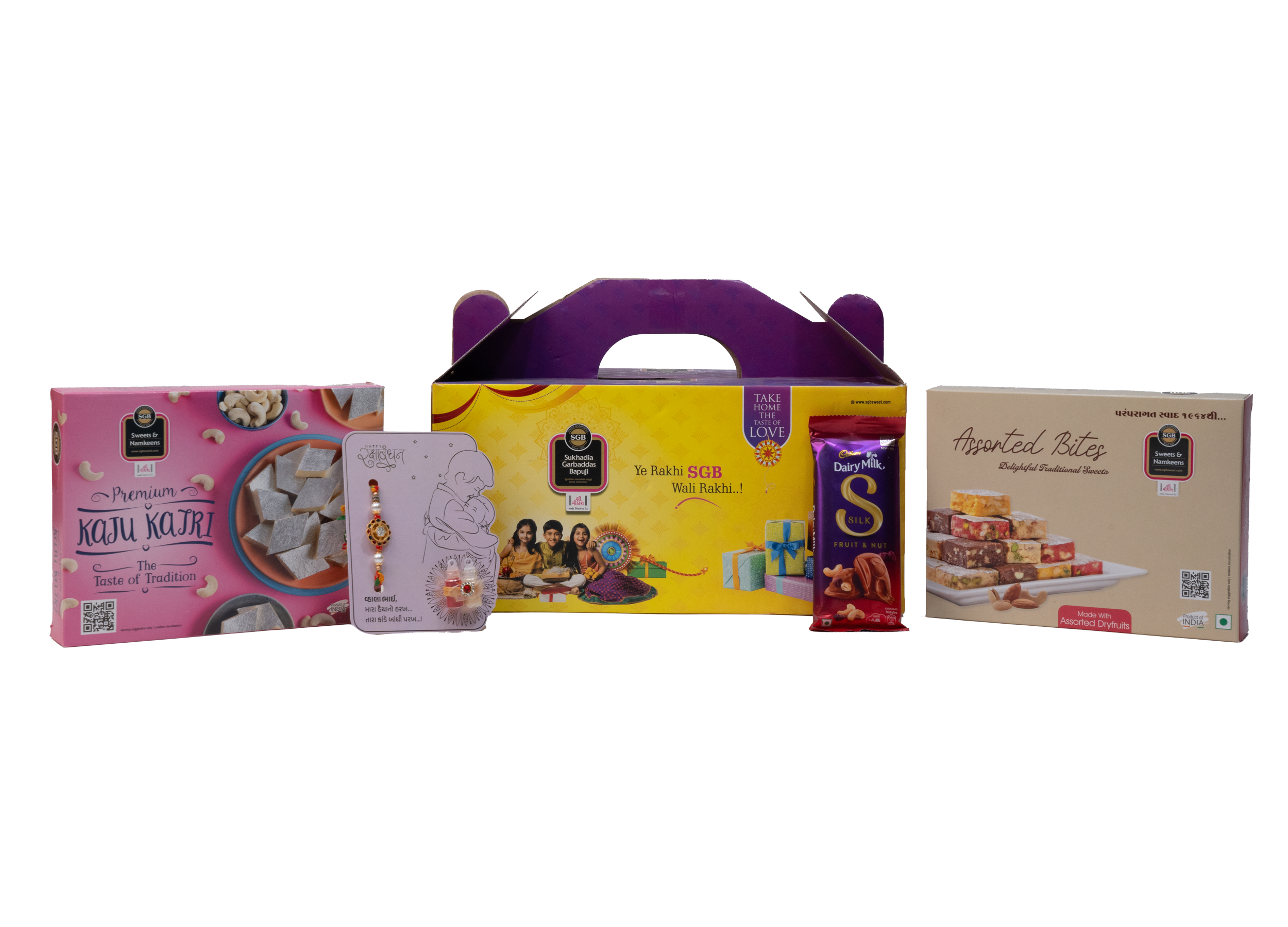 Premium Rakhi Gift Hamper – Kaju Katli (250g) + Assorted Diet Sweets (250g) + Chocolate + Rakhi Card