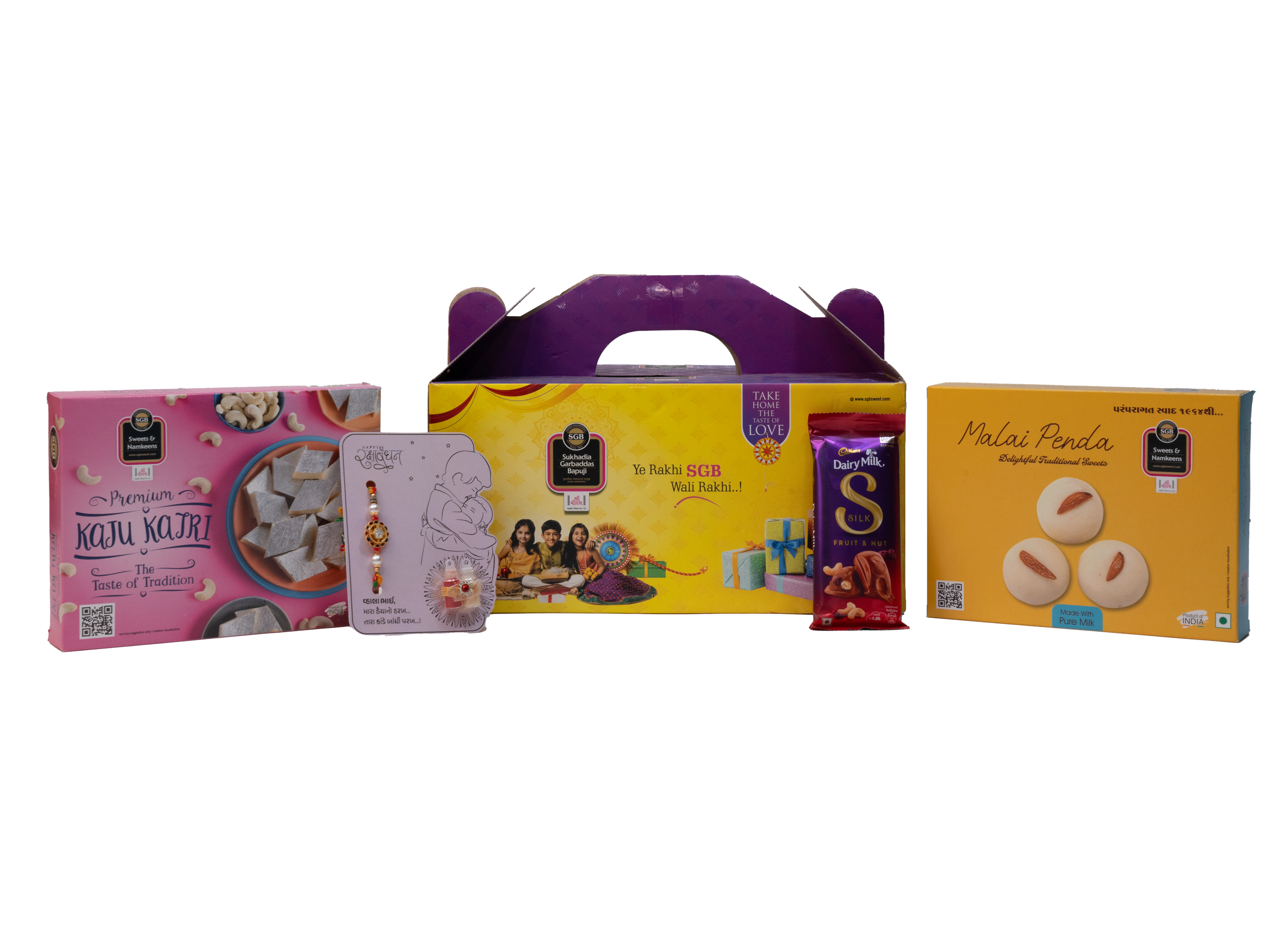 Rakhi Gift Hamper – Kaju Katli (250g) + Rajwadi Malai Peda (250g) + Chocolate + Rakhi Card