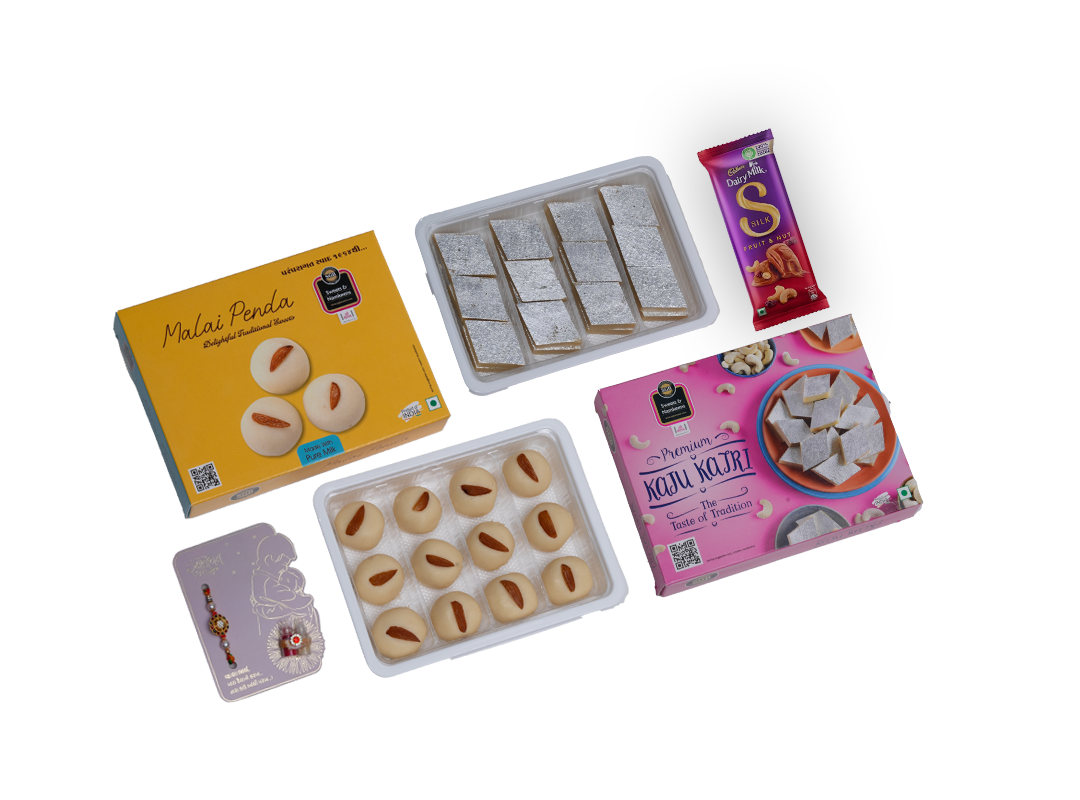 Rakhi Gift Hamper – Kaju Katli (250g) + Rajwadi Malai Peda (250g) + Chocolate + Rakhi Card