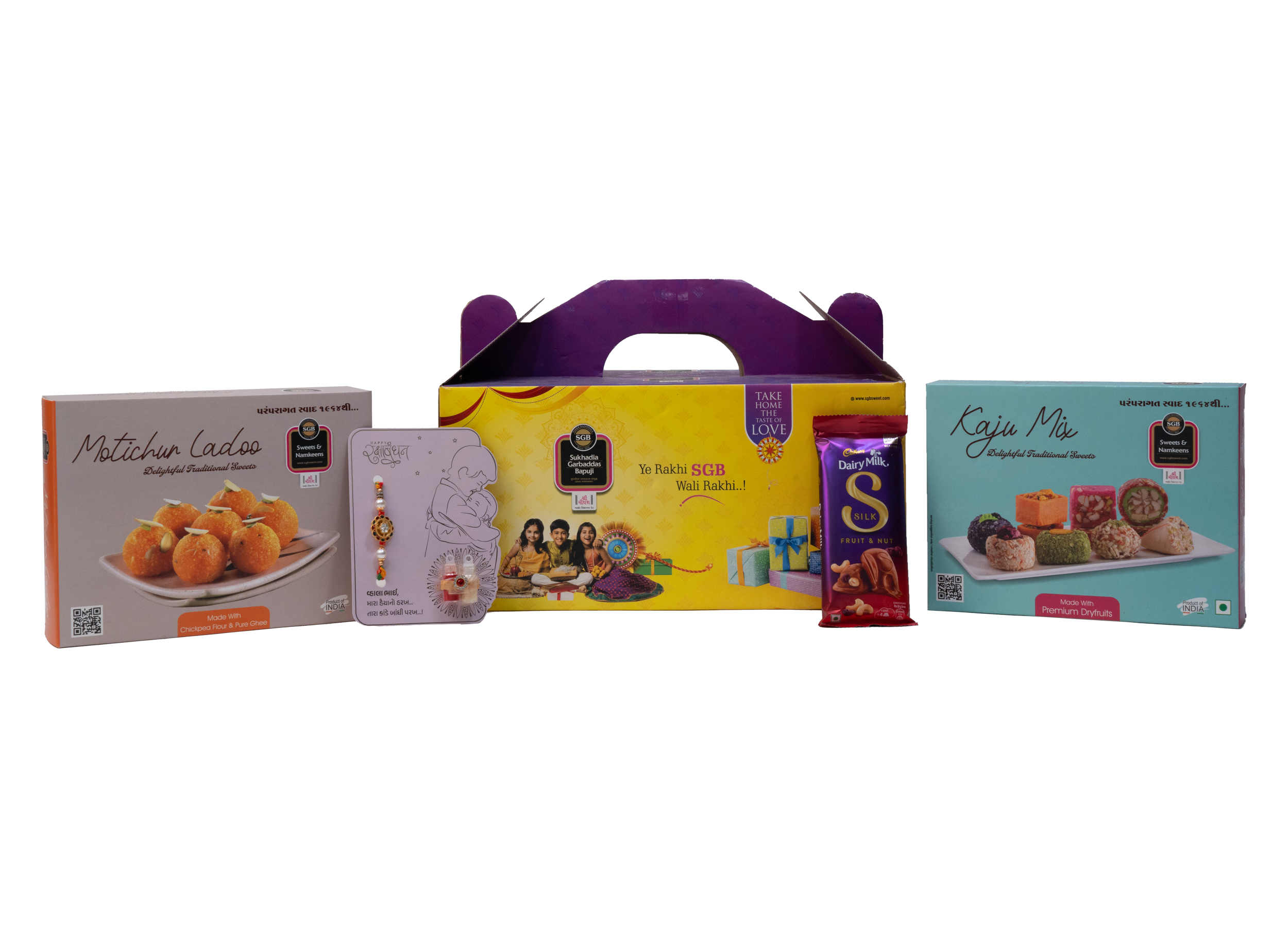 Festive Rakhi Gift Hamper – Kaju Mix (250g) + Ghee Motichur Laddu (250g) + Chocolate + Rakhi Card