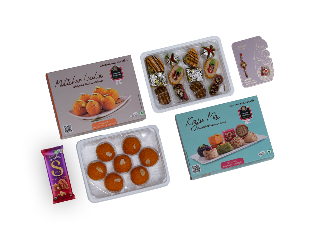 Festive Rakhi Gift Hamper – Kaju Mix (250g) + Ghee Motichur Laddu (250g) + Chocolate + Rakhi Card