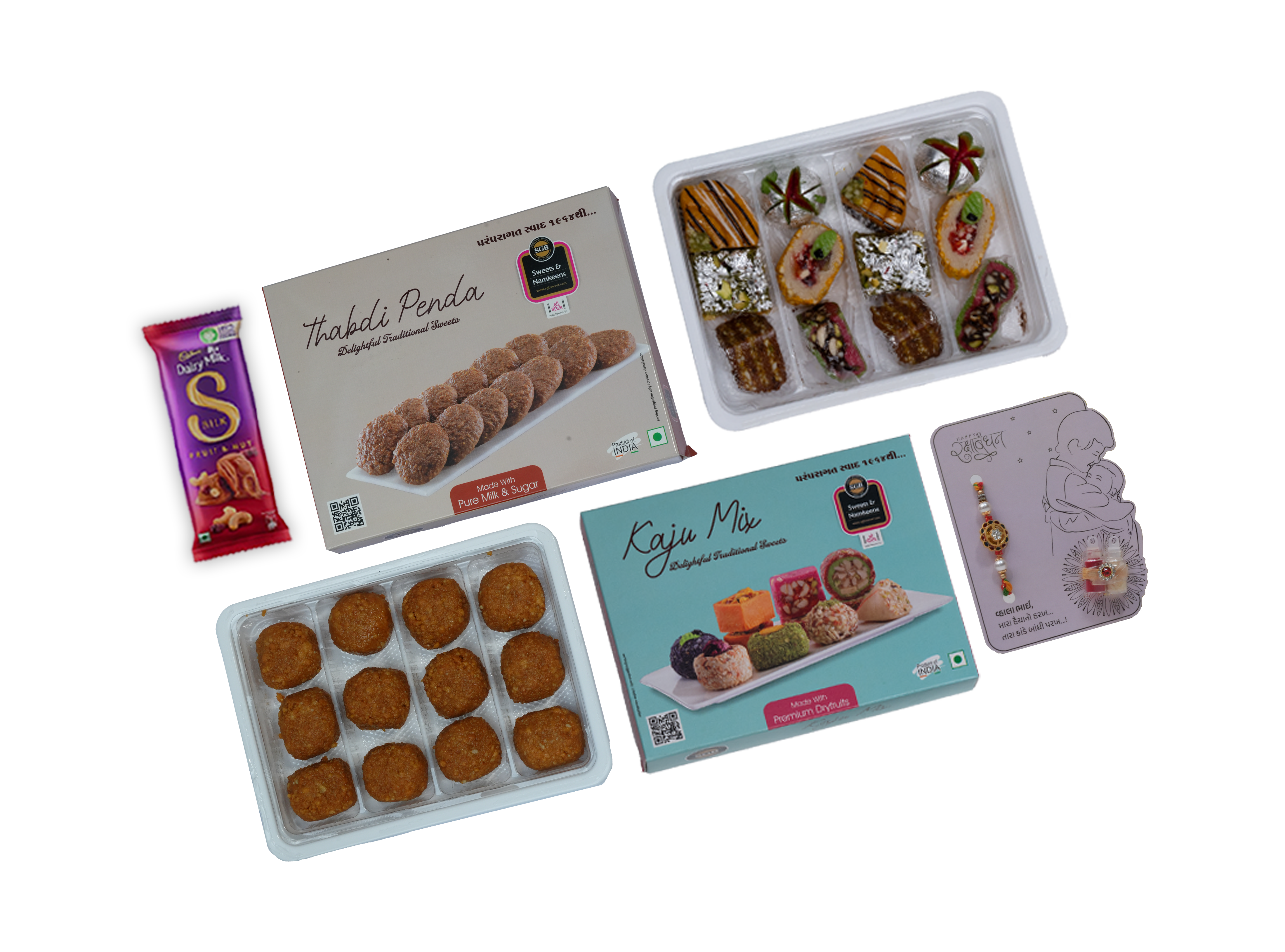 Royal Rakhi Gift Hamper – Kaju Mix (250g) + Rajwadi Thabdi Peda (250g) + Chocolate + Rakhi Card