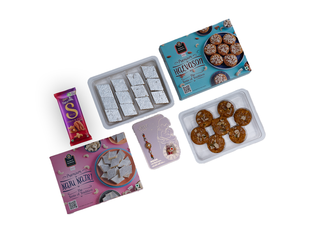 Premium Rakhi Gift Hamper – Kaju Katli (250g) + Halvason (250g) + Chocolate + Rakhi Card