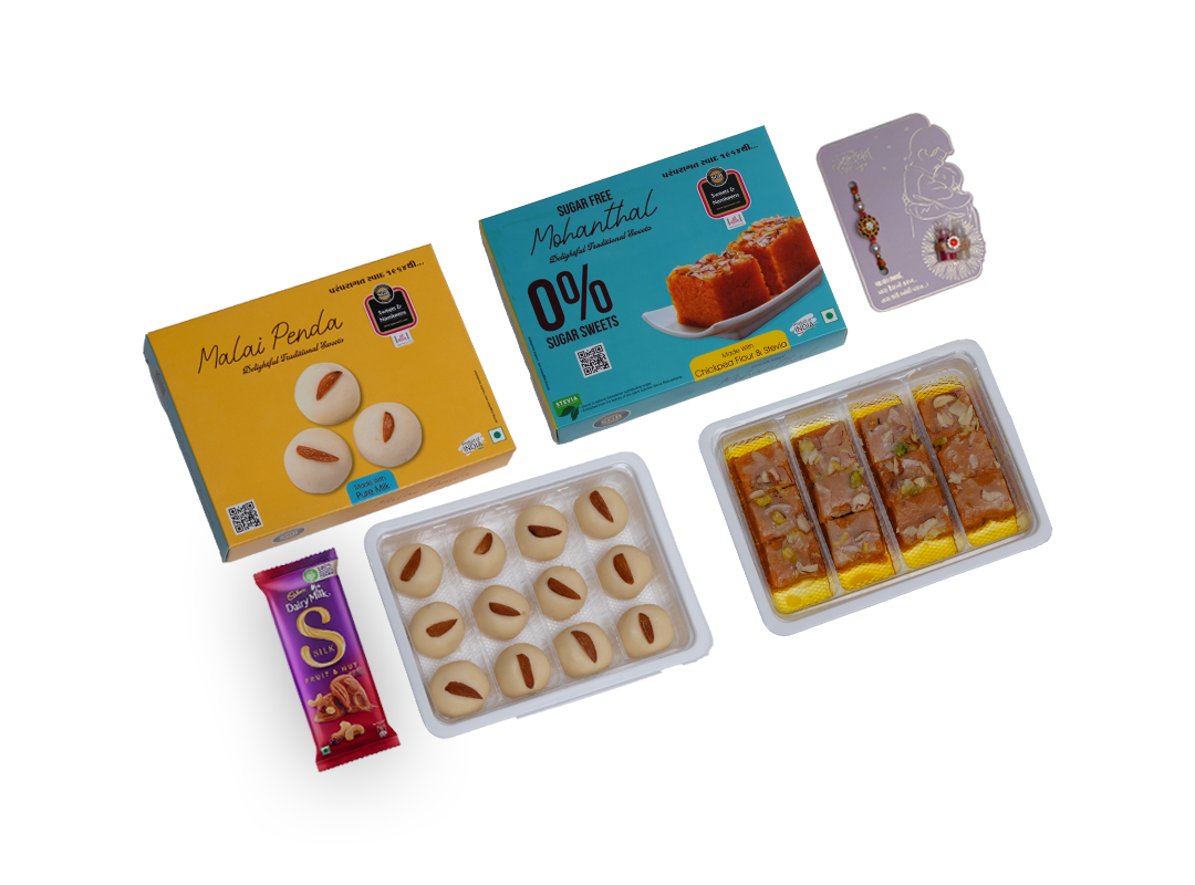 Budget Rakhi Hamper – Malai Peda (250g) & Mohanthal (250g) with Chocolate & Rakhi Card