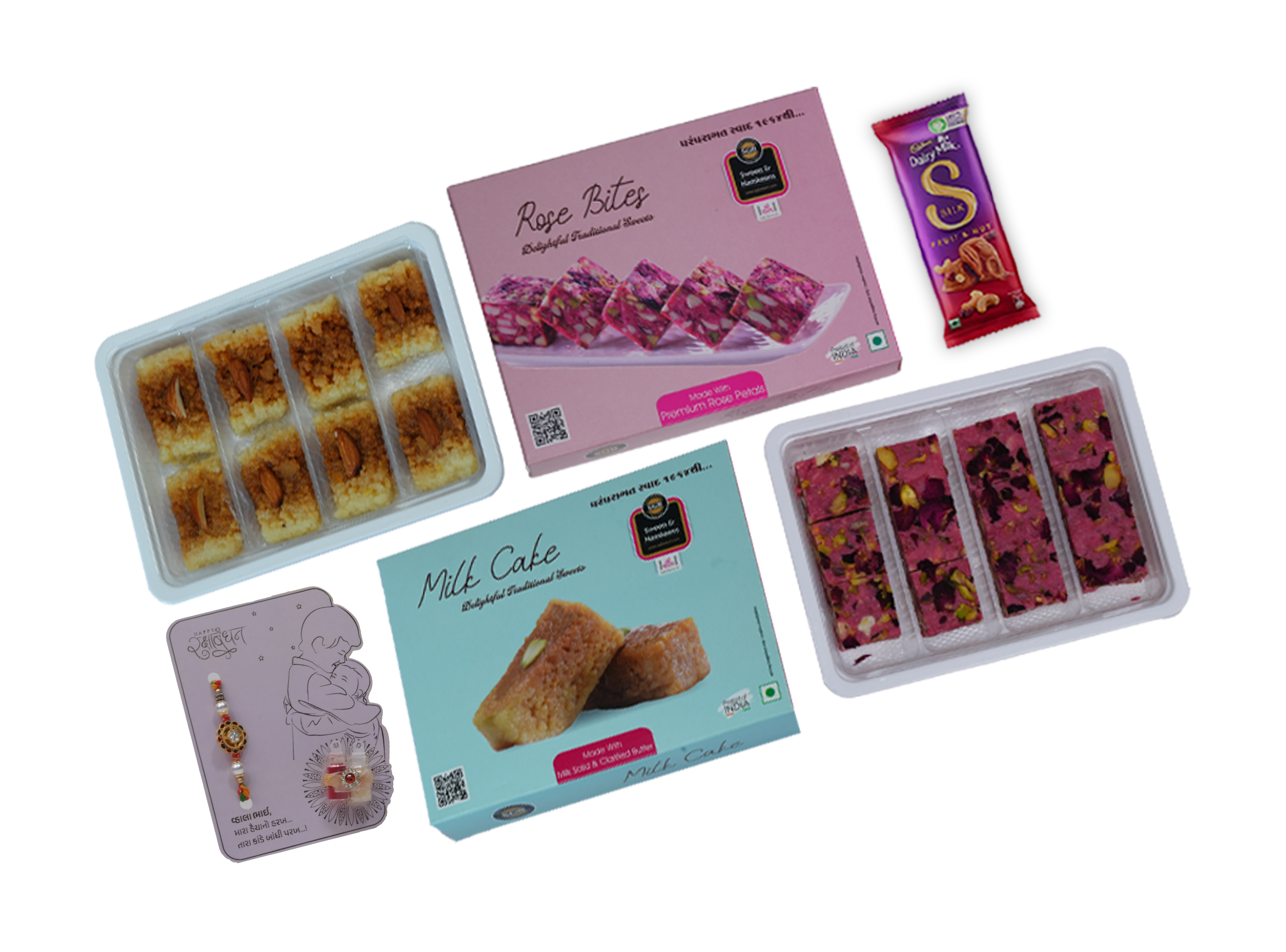 Floral Fusion Rakhi Hamper – Rose Bites & Milk Cake (500g) with Chocolate & Rakhi Card