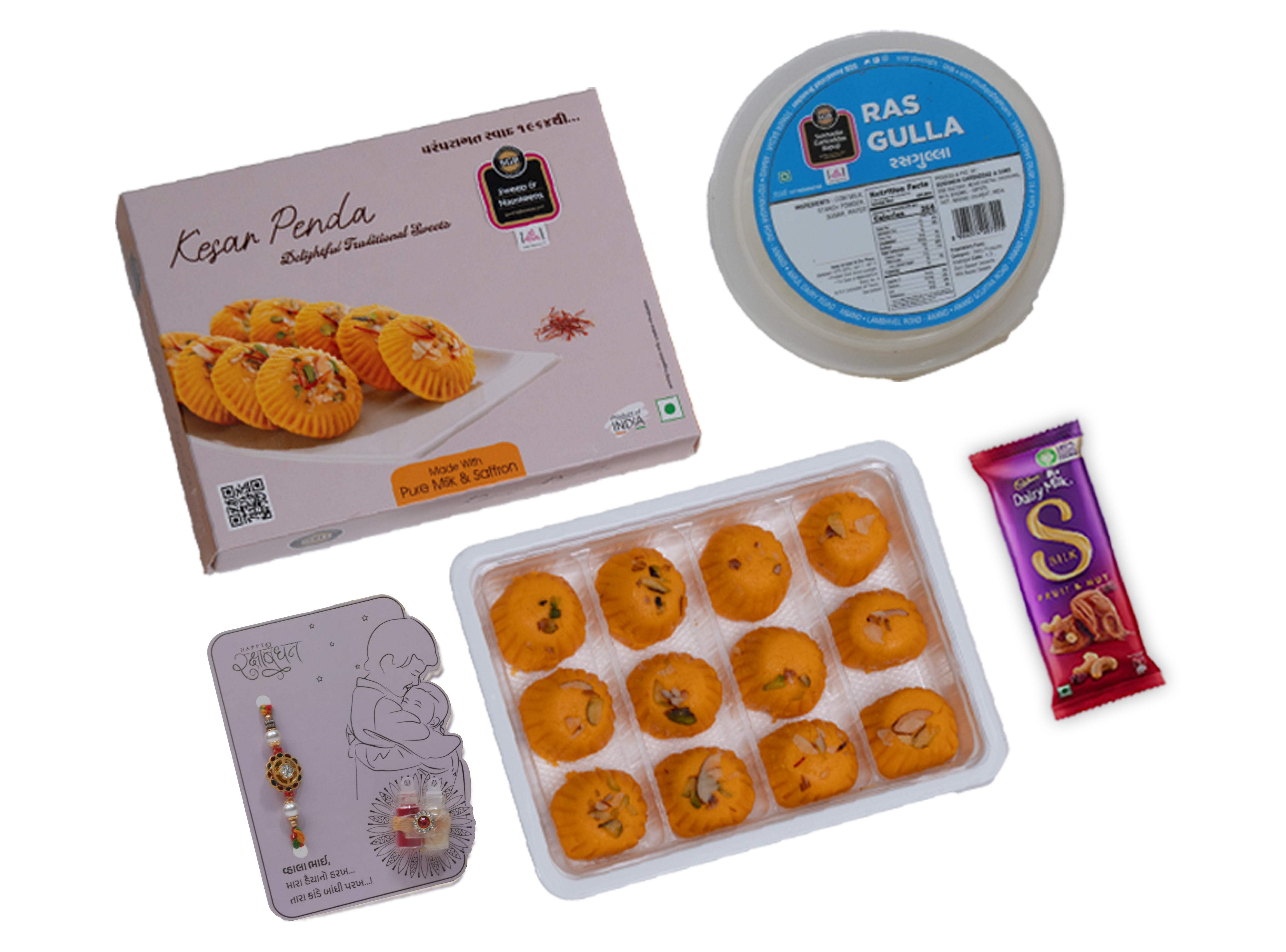 Rasgulla & Kesar Peda Rakhi Hamper – Sweets, Chocolate & Rakhi Card (750g Total)