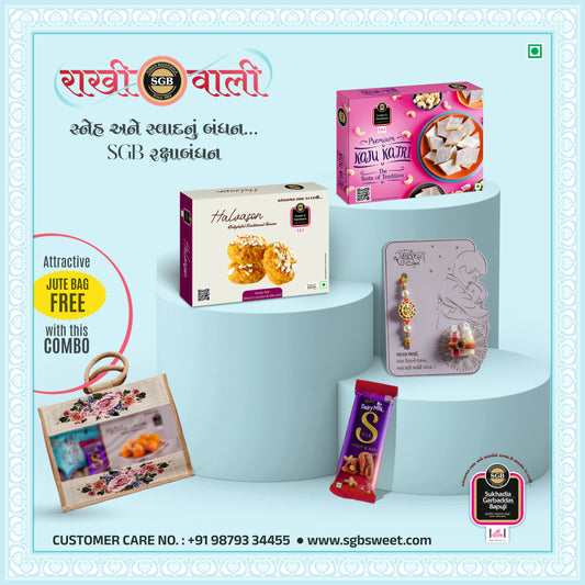 SGB sweets and Rakhi items on a light blue background with promotional text.