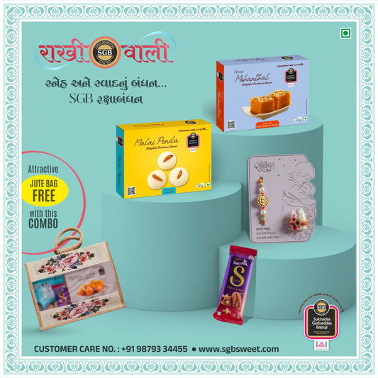 SGB sweet combo with various products on a blue platform against a light blue background.