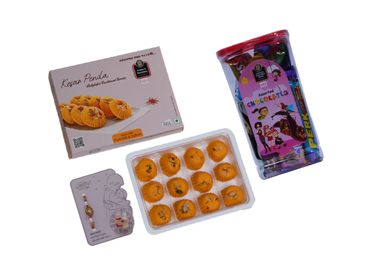 Assorted snacks in packaging on a white background with Tempting SGB Kesa Peda