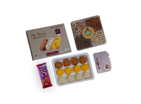 Assorted snacks including a box of 'Mix Penda', a tray of dry fruits, a packet of 'SGB' brand product, and a container of cookies on a white background.