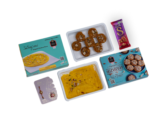 Assorted food items including a box of cookies, a bar of chocolate, and containers of yellow and brown snacks on a white background.